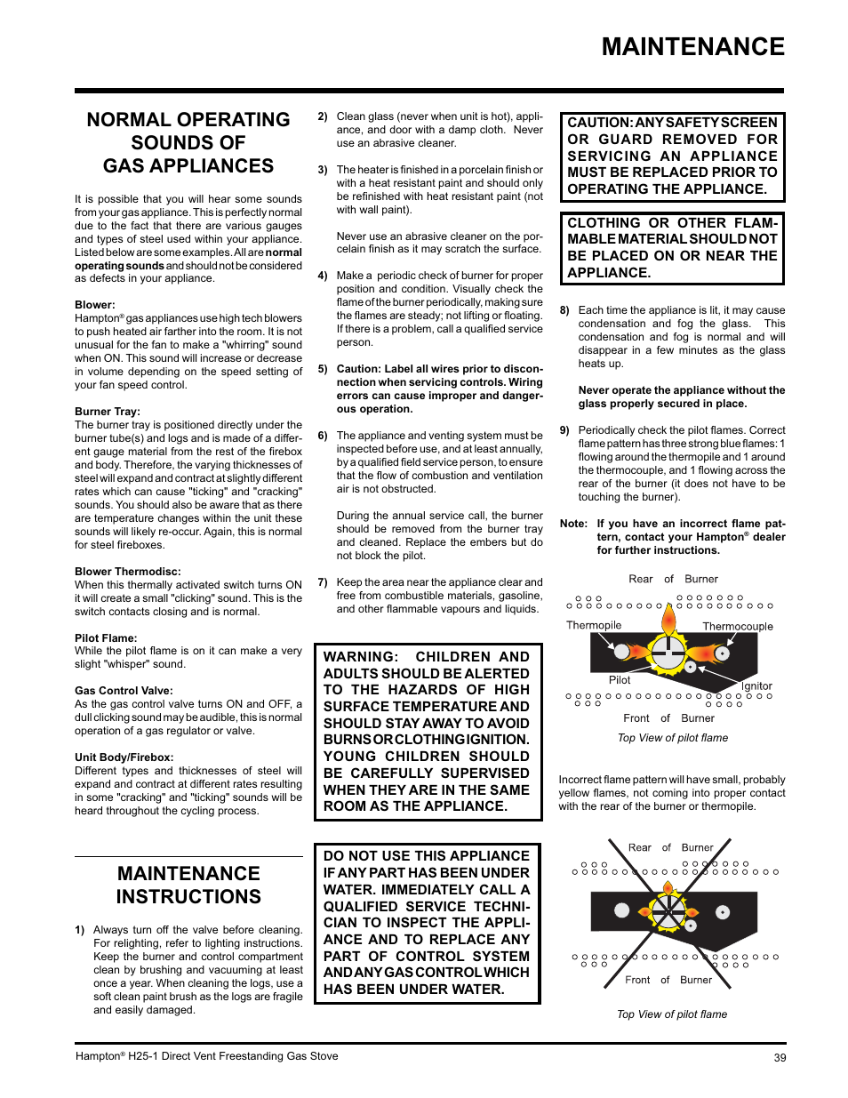 Maintenance, Maintenance instructions, Normal operating sounds of gas appliances | Hampton Direct H25-NG1 User Manual | Page 39 / 48