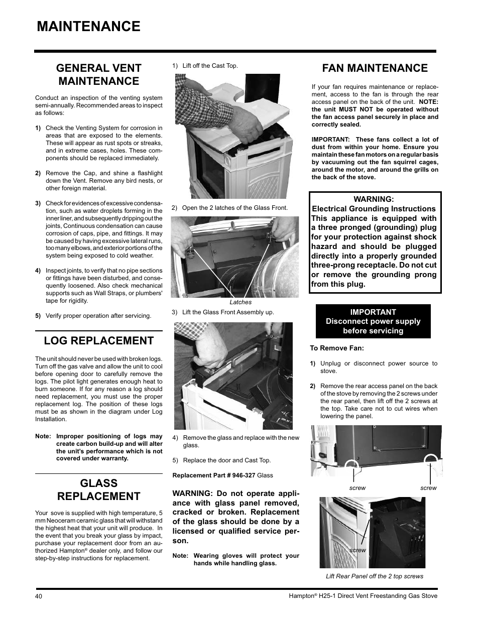 Maintenance, Fan maintenance, General vent maintenance | Log replacement, Glass replacement | Hampton Direct H25-NG1 User Manual | Page 40 / 48