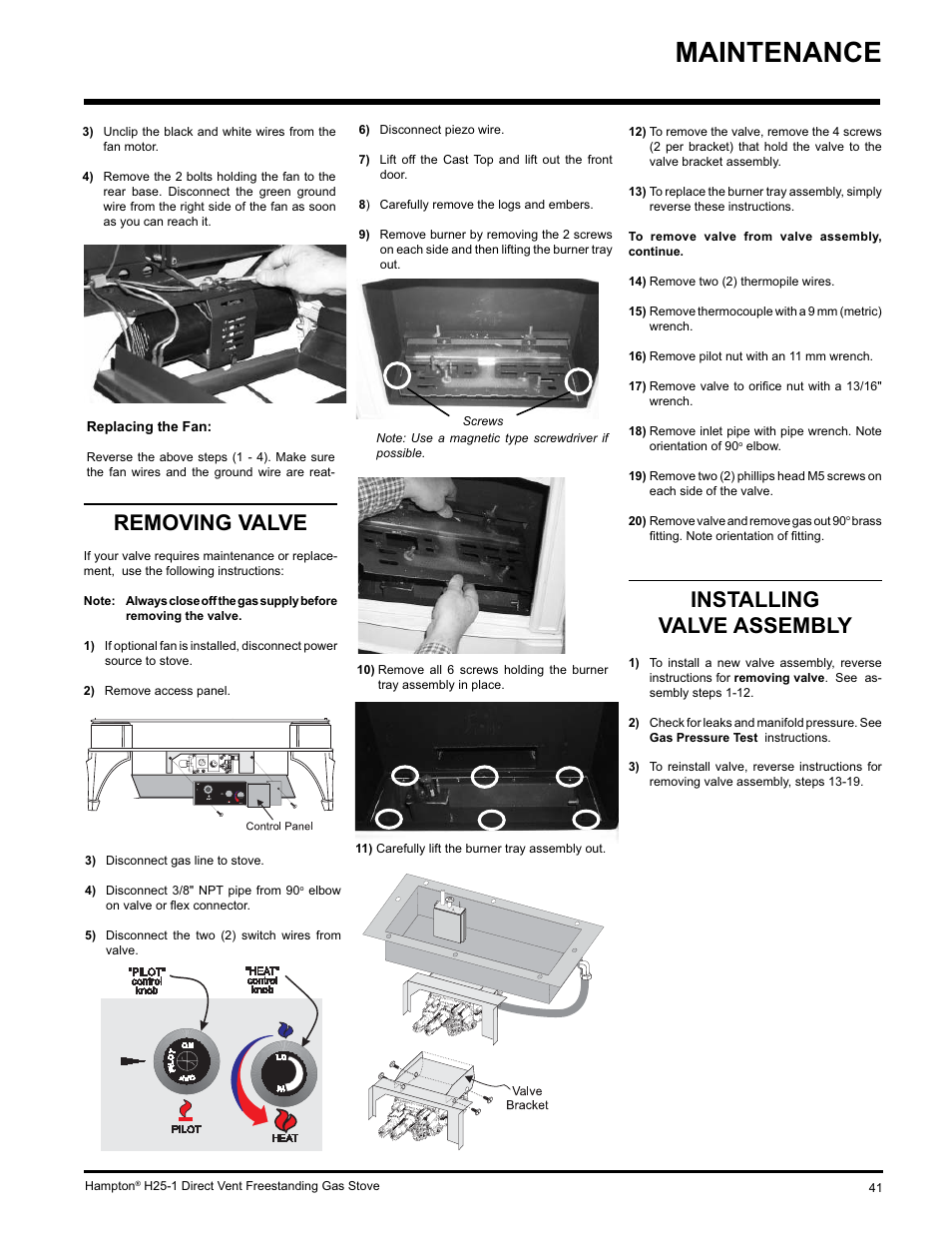 Maintenance, Removing valve, Installing valve assembly | Hampton Direct H25-NG1 User Manual | Page 41 / 48