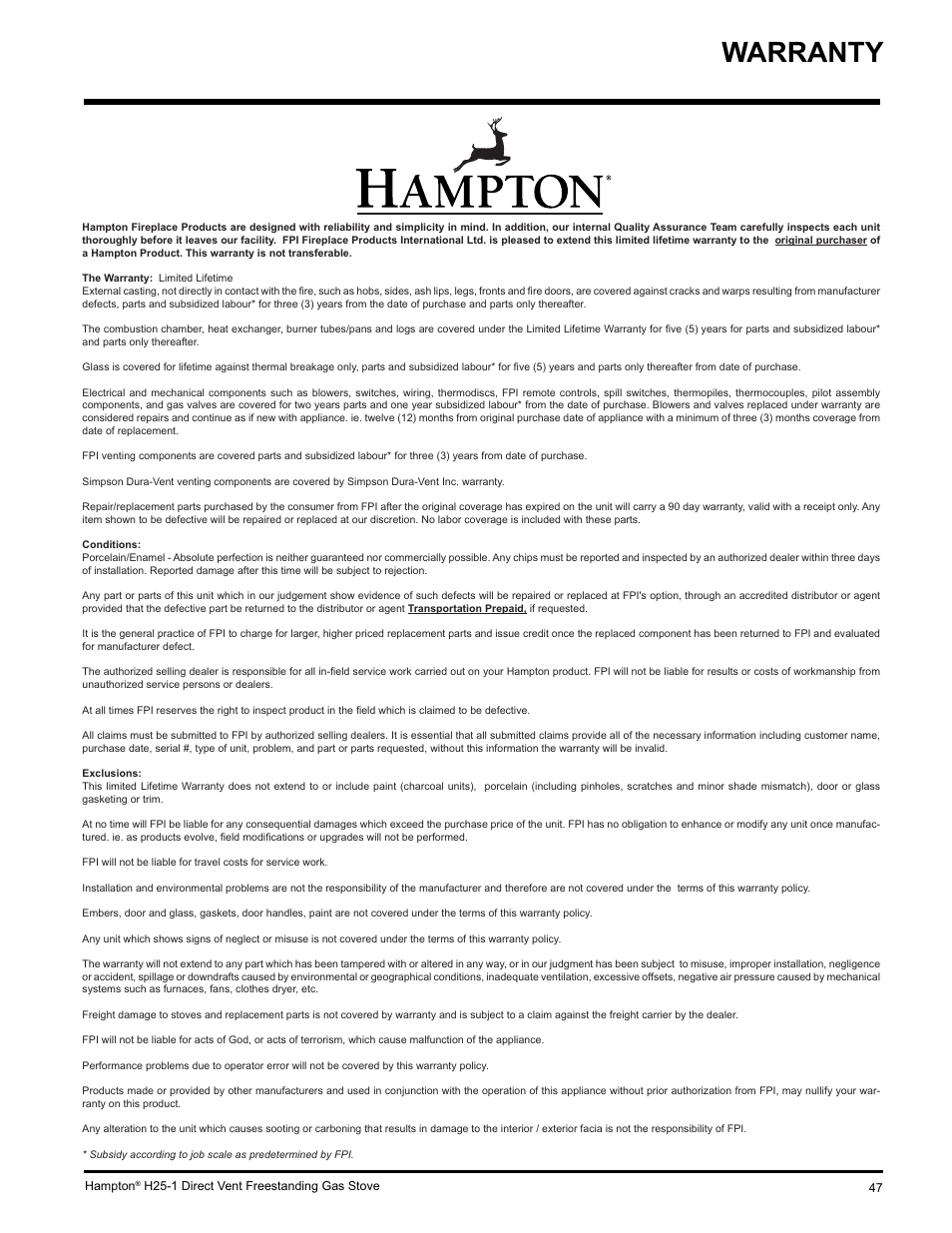 Warranty | Hampton Direct H25-NG1 User Manual | Page 47 / 48