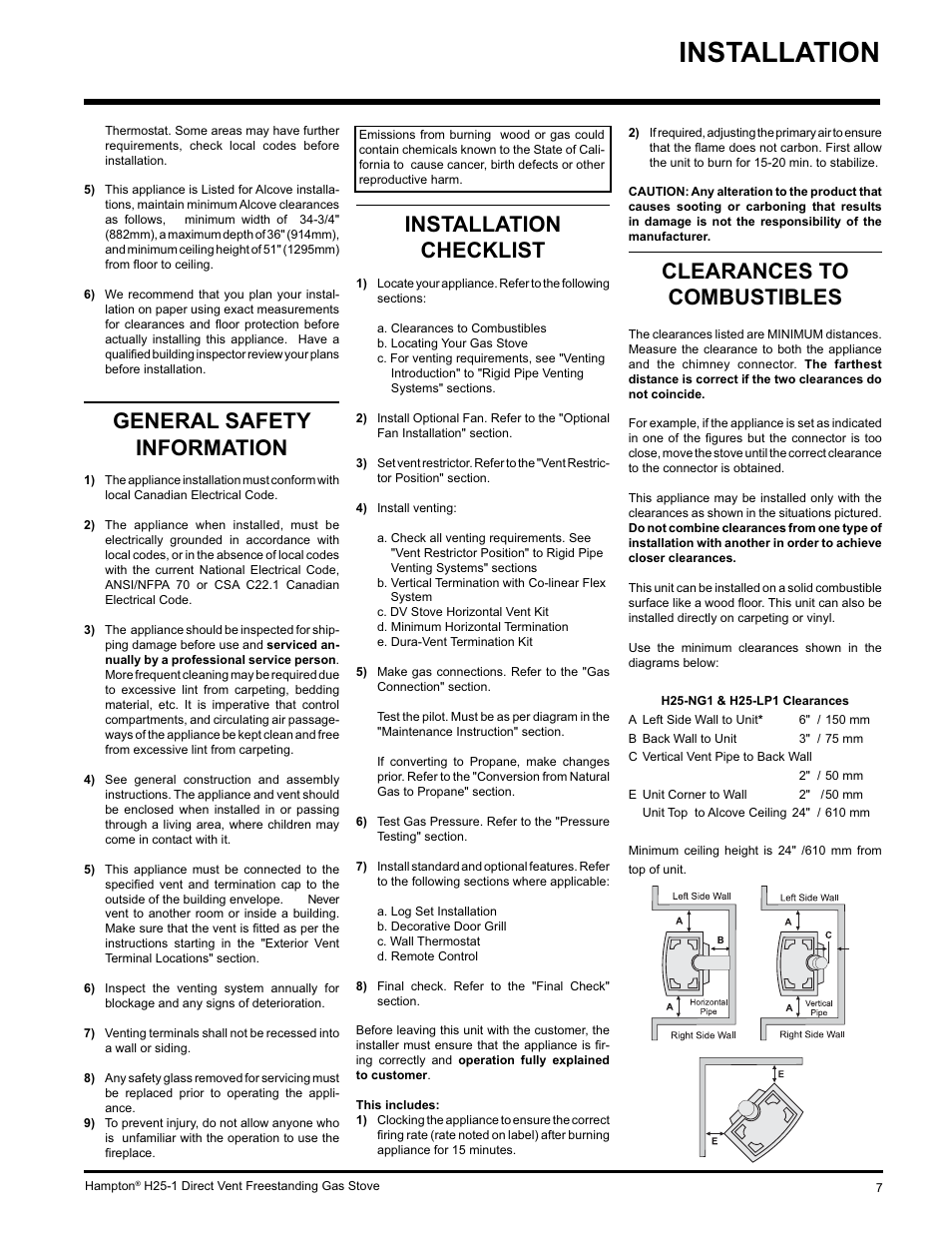 Installation, General safety information, Installation checklist | Clearances to combustibles | Hampton Direct H25-NG1 User Manual | Page 7 / 48