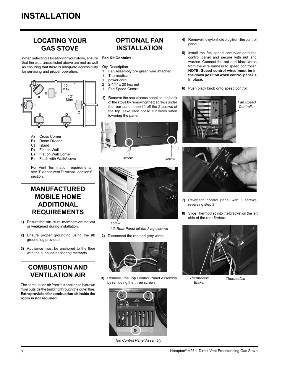 Installation, Locating your gas stove, Manufactured mobile home additional requirements | Combustion and ventilation air, Optional fan installation | Hampton Direct H25-NG1 User Manual | Page 8 / 48