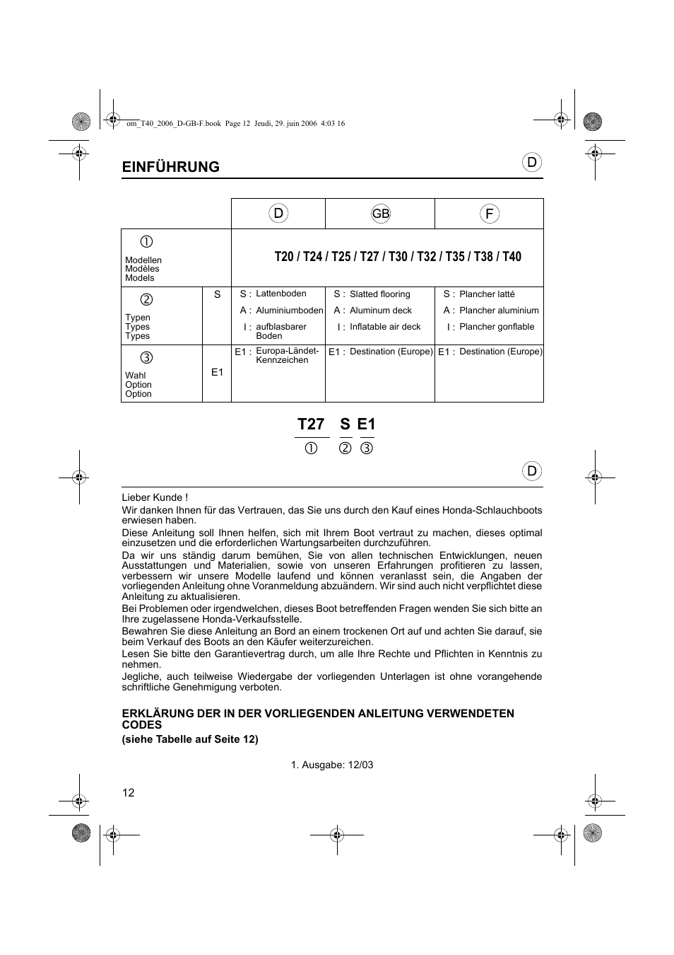 T27 s e1, Einführung | HONDA T32 User Manual | Page 12 / 39