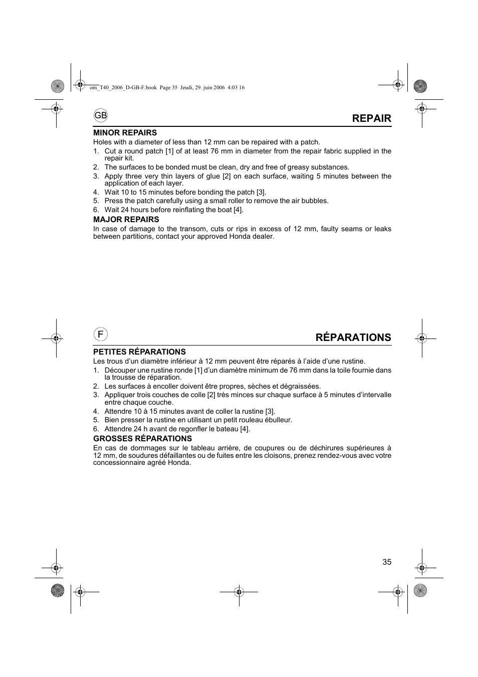 Réparations, Repair | HONDA T32 User Manual | Page 35 / 39