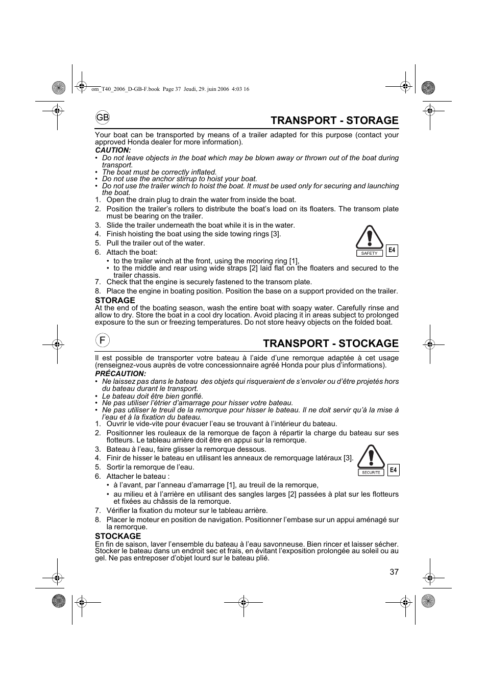 Transport - stockage, Transport - storage | HONDA T32 User Manual | Page 37 / 39