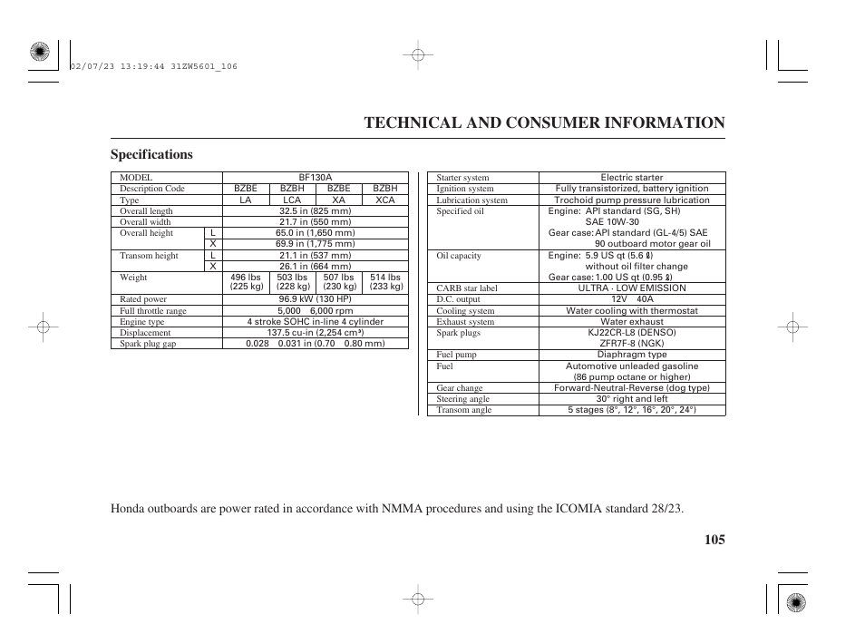 Technical and consumer information, 105 specifications | HONDA Outboard Motor BF130A User Manual | Page 107 / 116