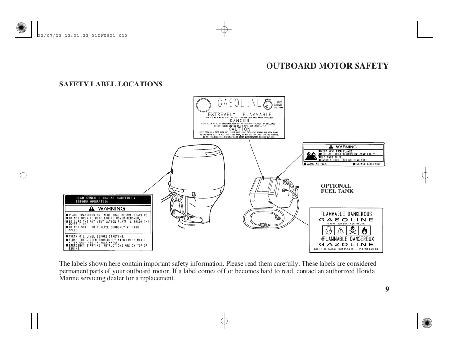 Safety label locations | HONDA Outboard Motor BF130A User Manual | Page 11 / 116