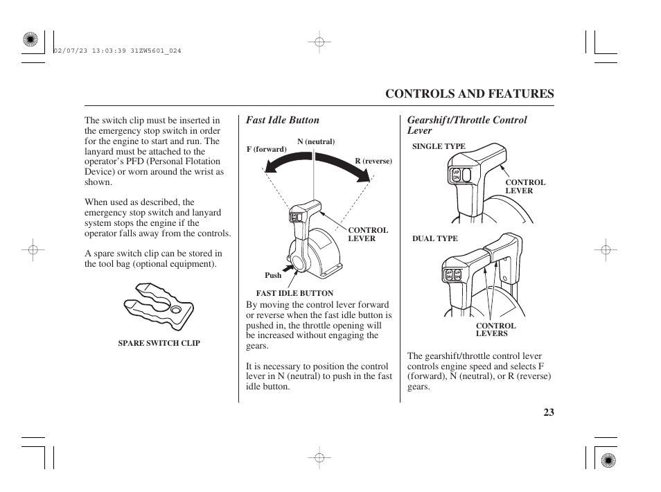 Controls and features, Gearshif t/throttle control lever fast idle button | HONDA Outboard Motor BF130A User Manual | Page 25 / 116