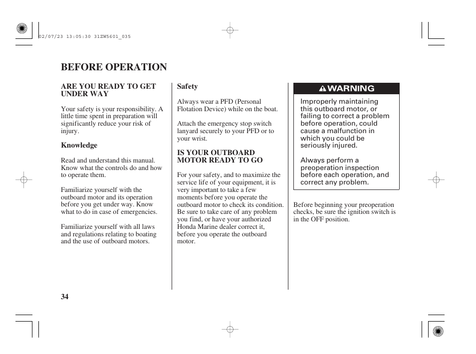 Before operation, Are you ready to get underway, Is your outboard motor ready to go | HONDA Outboard Motor BF130A User Manual | Page 36 / 116