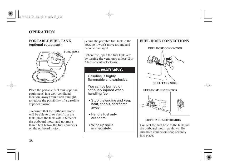 Portable fuel tank, Fuel hose connections, Operation | HONDA Outboard Motor BF130A User Manual | Page 40 / 116