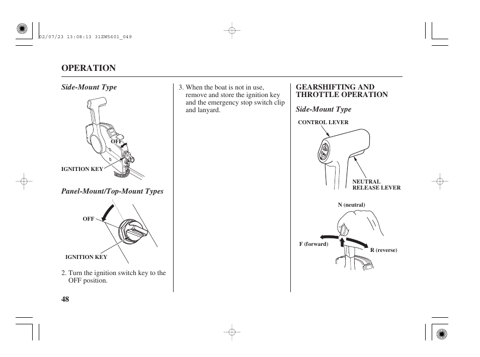 Gearshifting and throttle operation, Operation | HONDA Outboard Motor BF130A User Manual | Page 50 / 116