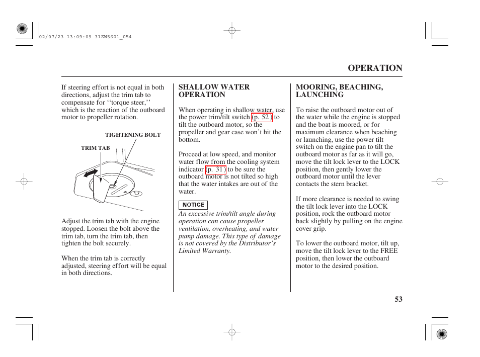Shallow water operation, Mooring, beaching, launching | HONDA Outboard Motor BF130A User Manual | Page 55 / 116