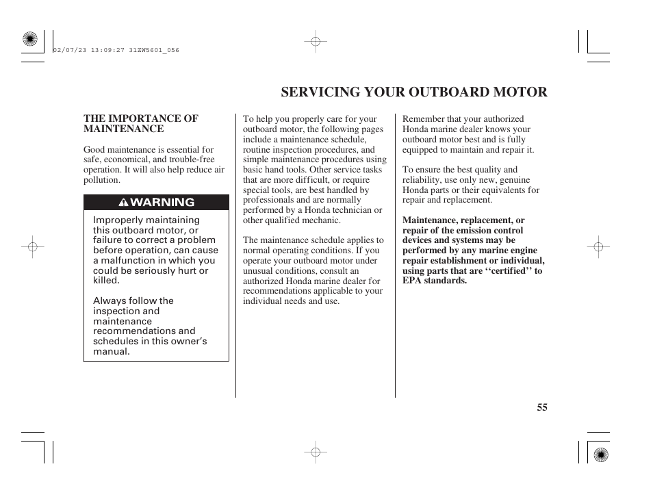 Servicing your outboard motor, The importance of maintenance | HONDA Outboard Motor BF130A User Manual | Page 57 / 116
