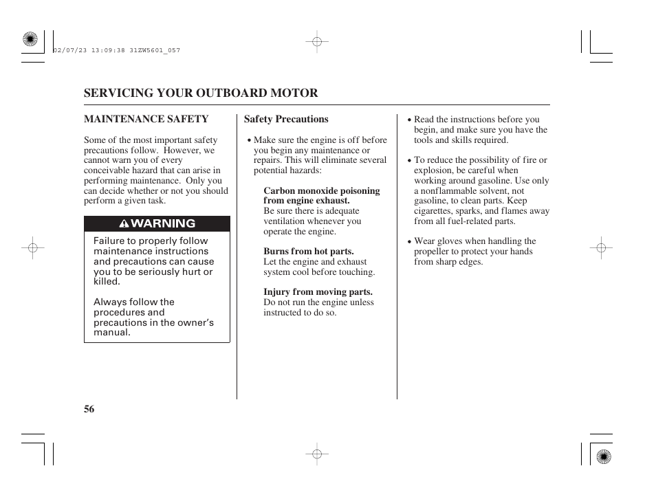 Maintenance safety | HONDA Outboard Motor BF130A User Manual | Page 58 / 116