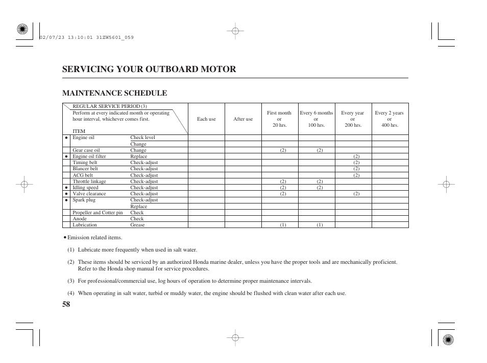 Maintenance schedule, Servicing your outboard motor, 58 maintenance schedule | HONDA Outboard Motor BF130A User Manual | Page 60 / 116