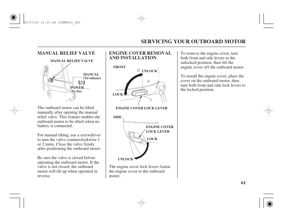 Manual relief valve, Engine cover removal and installation, Servicing your outboard motor | HONDA Outboard Motor BF130A User Manual | Page 63 / 116