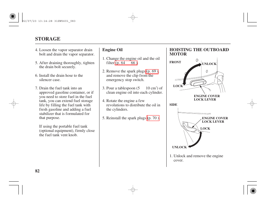 Hoisting the outboard motor, Storage | HONDA Outboard Motor BF130A User Manual | Page 84 / 116