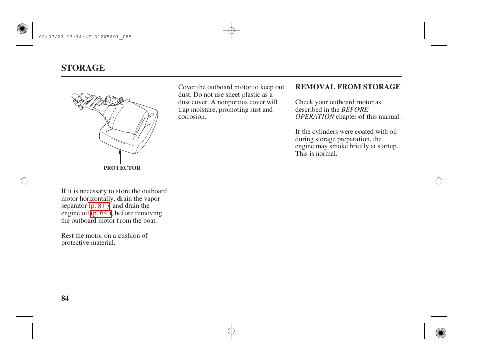 Removal from storage | HONDA Outboard Motor BF130A User Manual | Page 86 / 116