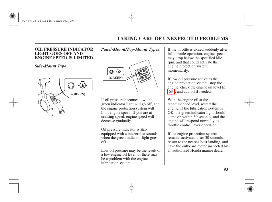 Oil pressure indicator light goes off | HONDA Outboard Motor BF130A User Manual | Page 95 / 116