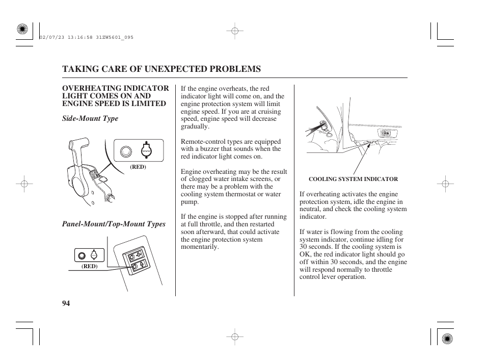 Overheating indicator light comes on | HONDA Outboard Motor BF130A User Manual | Page 96 / 116