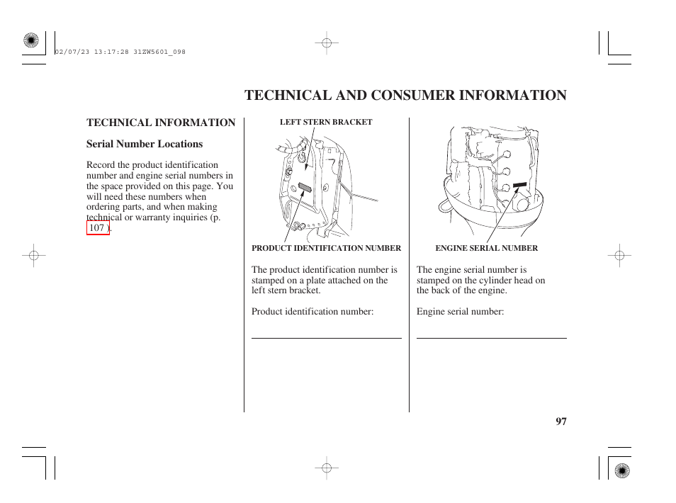 Technical and consumer information, Technical information, Technical and consumer information . 97 | HONDA Outboard Motor BF130A User Manual | Page 99 / 116