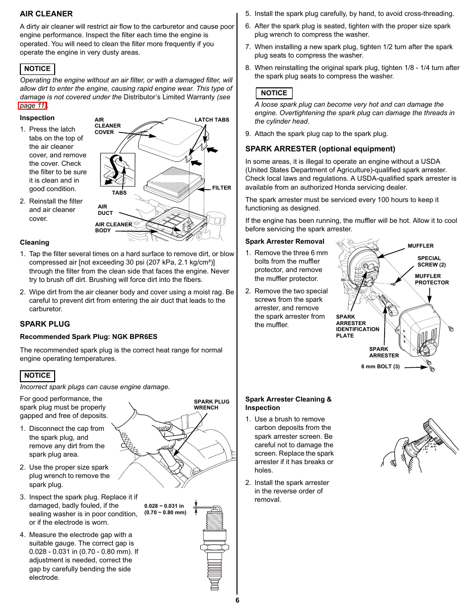Air cleaner, Inspection, Cleaning | Spark plug, Spark arrester | HONDA GC160 User Manual | Page 6 / 12