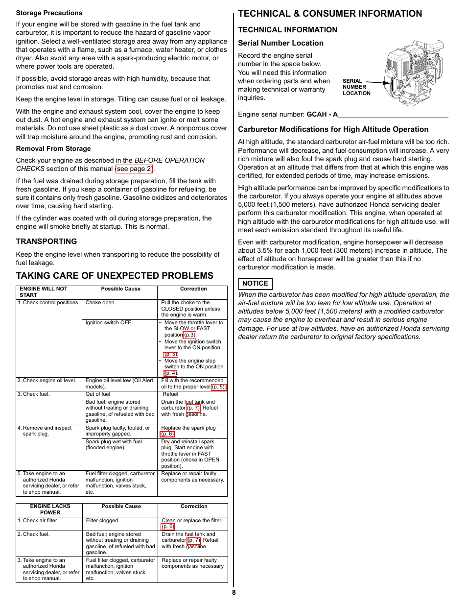 Transporting, Taking care of unexpected problems, Technical & consumer information | Technical information, Serial number location, High altitude operation, Technical information serial number location | HONDA GC160 User Manual | Page 8 / 12