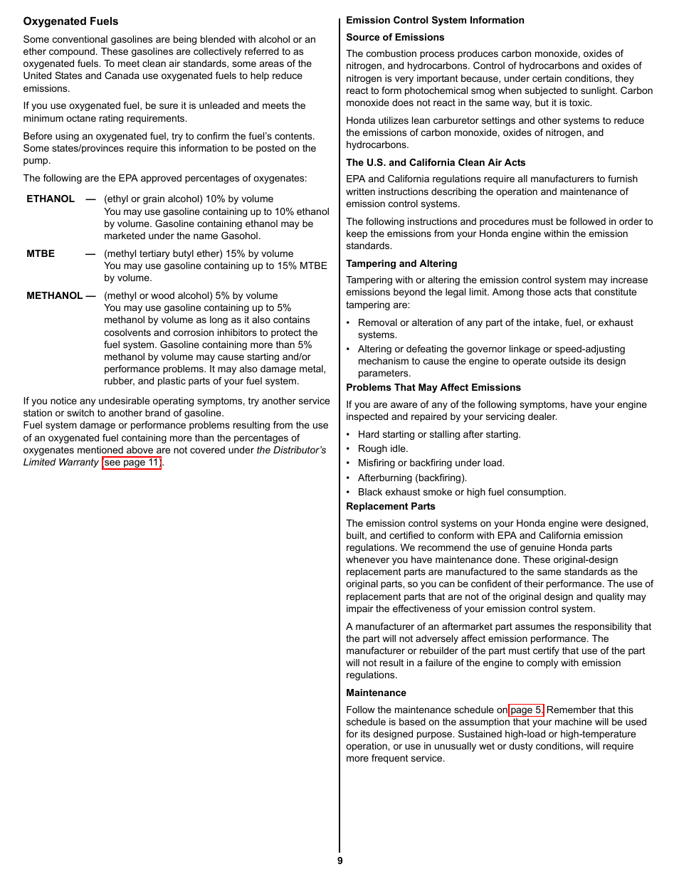 Oxygenated fuels, Emission control system information | HONDA GC160 User Manual | Page 9 / 12