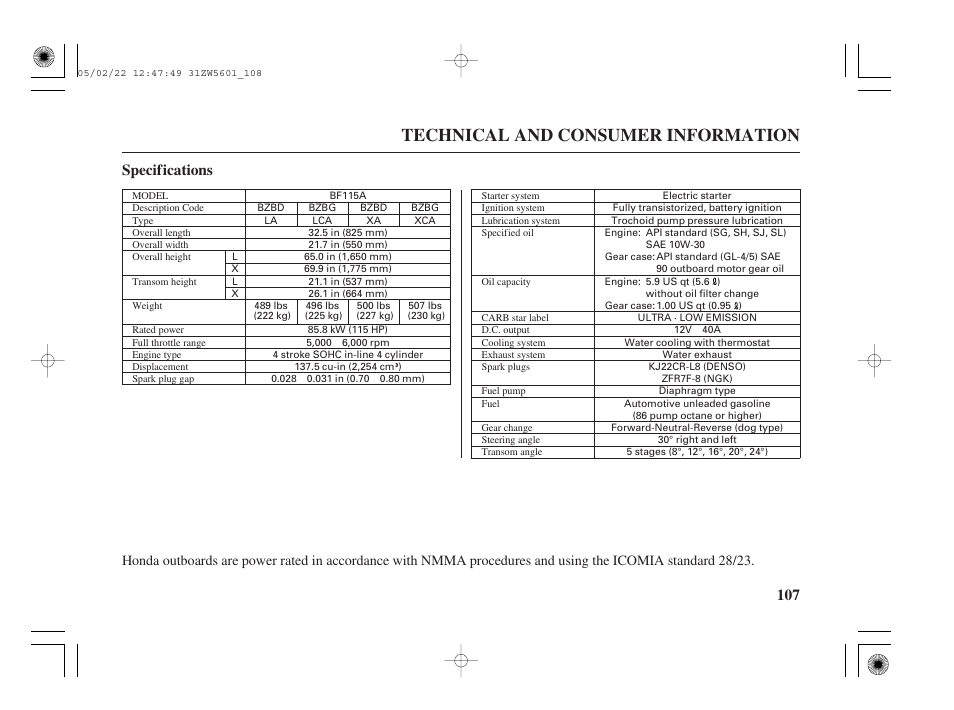 Specifications, Technical and consumer information, 107 specifications | HONDA Outboard Motor BF115A User Manual | Page 109 / 130