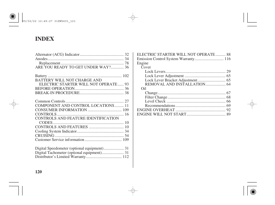 Index | HONDA Outboard Motor BF115A User Manual | Page 122 / 130