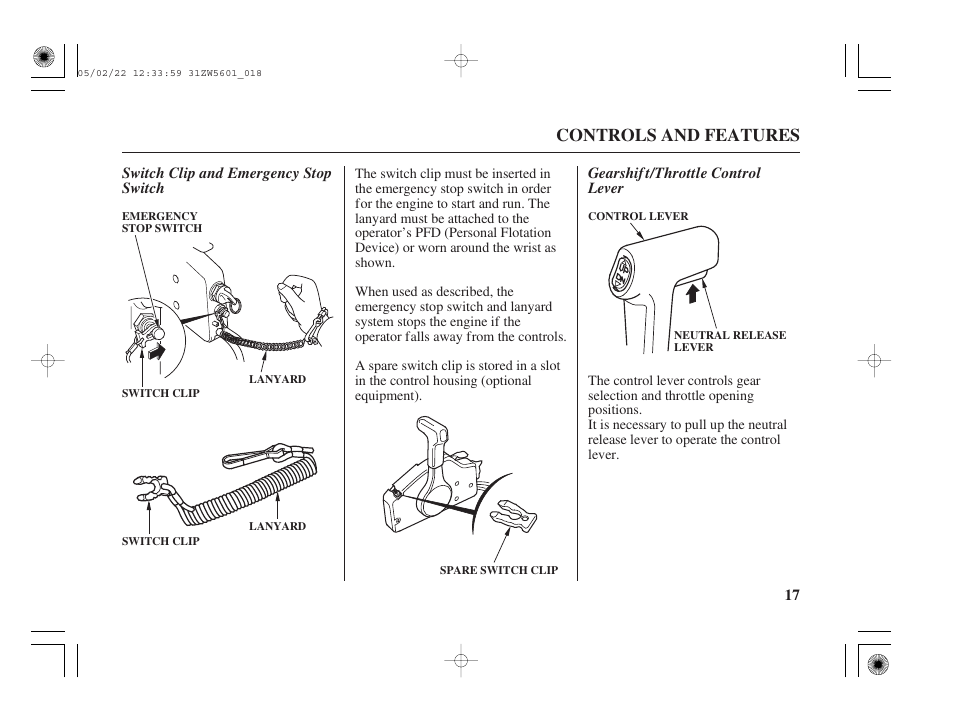 Switch clip and emergency stop switch, Gearshift/throttle control lever, Controls and features | HONDA Outboard Motor BF115A User Manual | Page 19 / 130