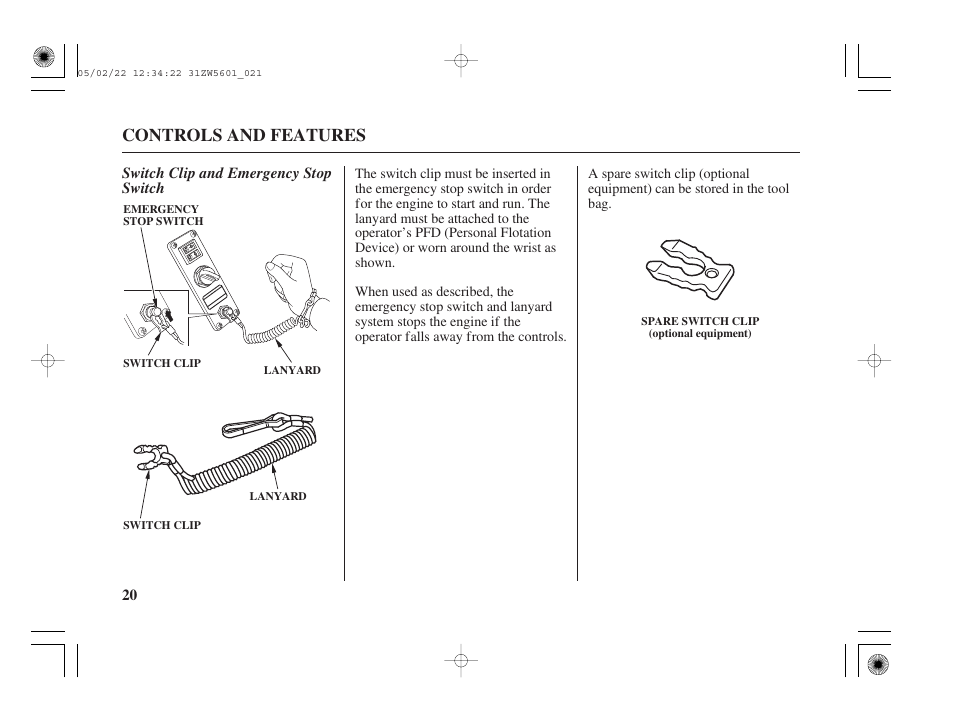 Switch clip and emergency stop switch, Controls and features | HONDA Outboard Motor BF115A User Manual | Page 22 / 130