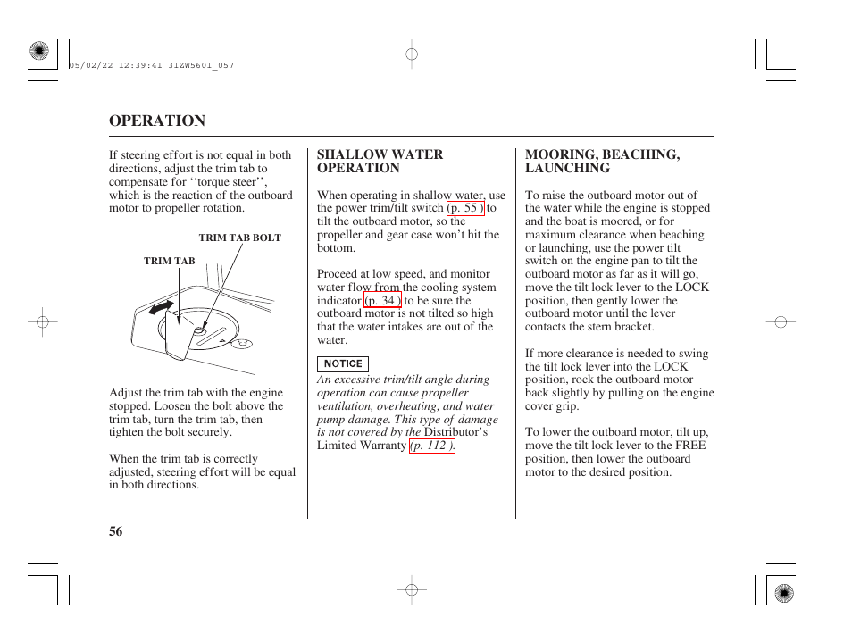 Shallow water operation, Mooring, beaching, launching | HONDA Outboard Motor BF115A User Manual | Page 58 / 130
