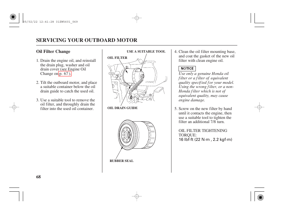 Oil filter change, Servicing your outboard motor | HONDA Outboard Motor BF115A User Manual | Page 70 / 130