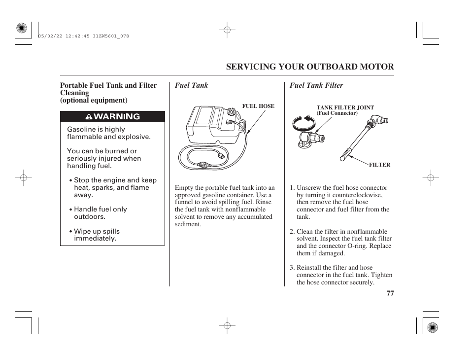 Portable fuel tank and filter cleaning (optional) | HONDA Outboard Motor BF115A User Manual | Page 79 / 130
