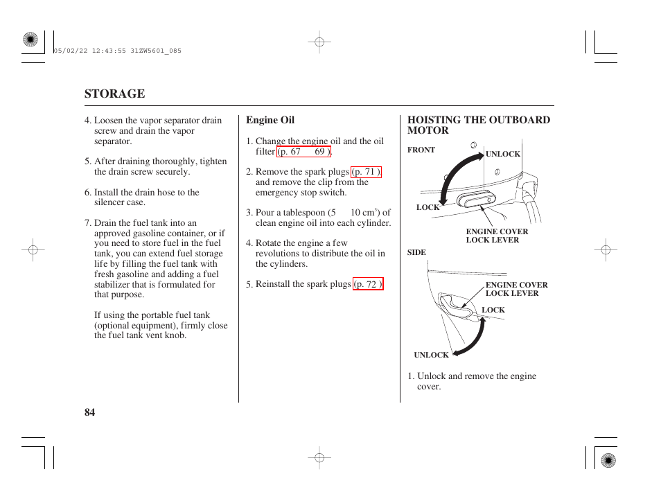 Engine oil, Hoisting the outboard motor, Storage | HONDA Outboard Motor BF115A User Manual | Page 86 / 130