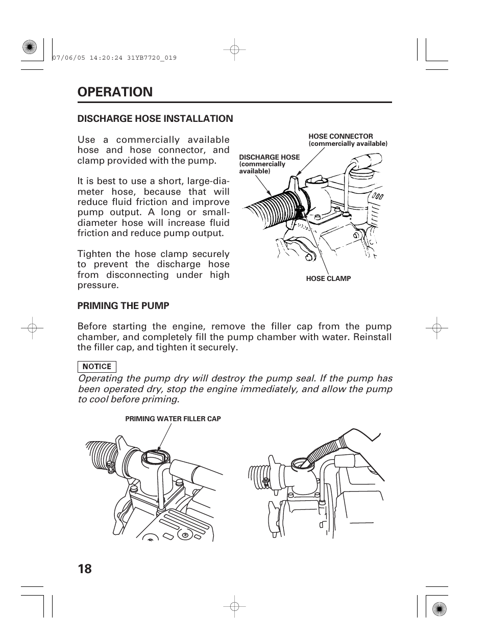 Discharge hose installation, Priming the pump, 18 operation | HONDA WH15X User Manual | Page 20 / 64