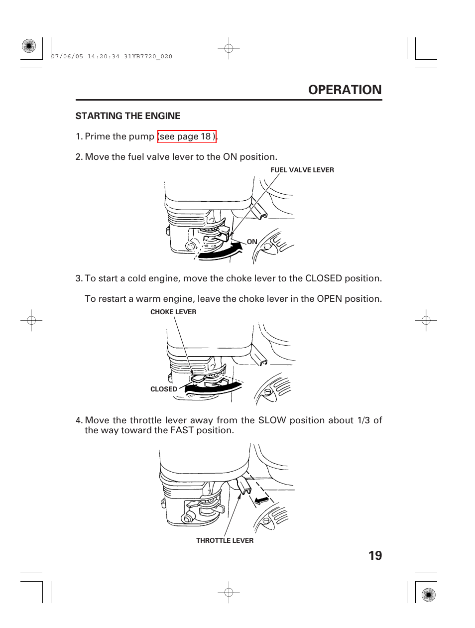 Starting the engine, 19 operation | HONDA WH15X User Manual | Page 21 / 64
