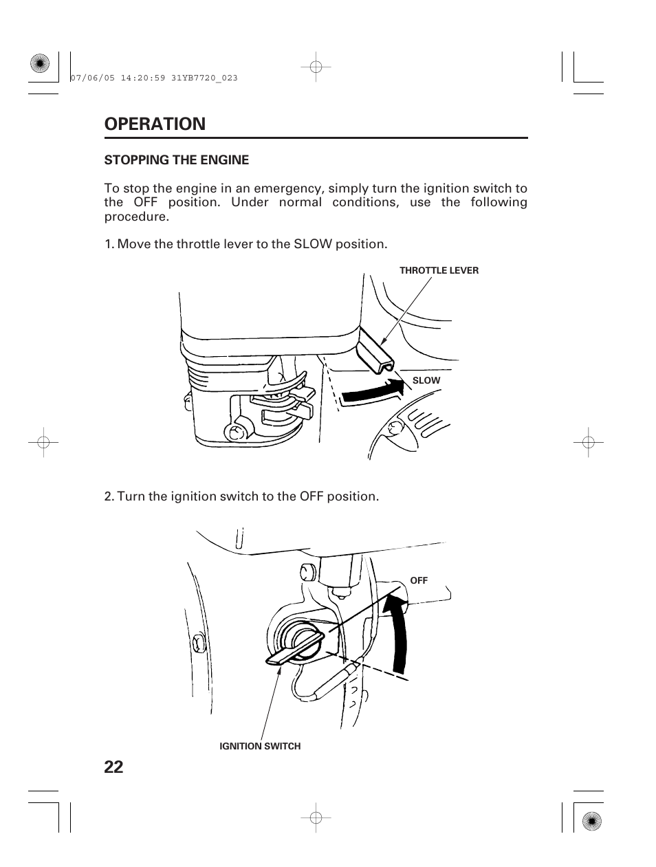 Stopping the engine, 22 operation | HONDA WH15X User Manual | Page 24 / 64