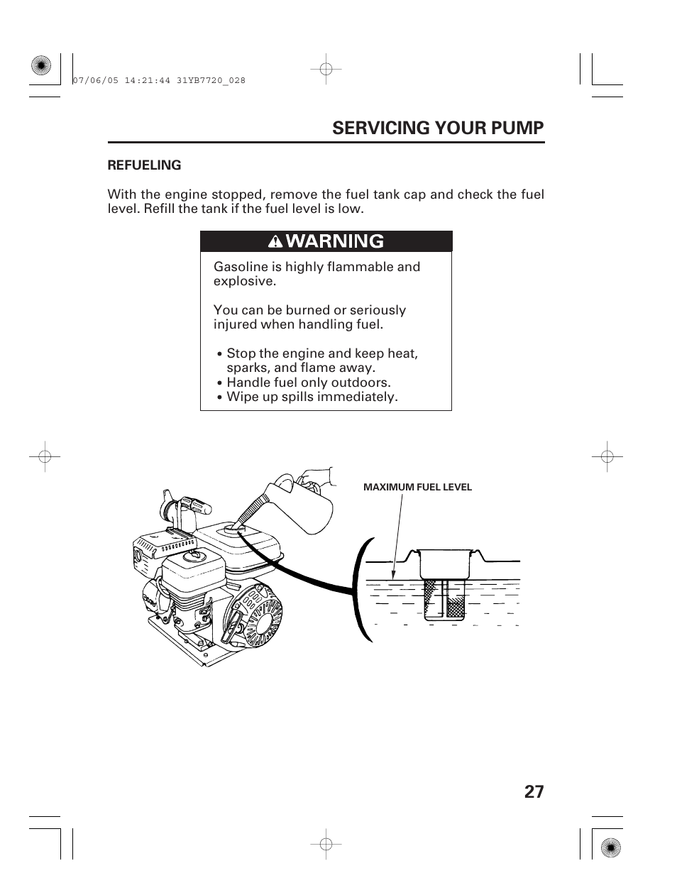 Refueling, 27 servicing your pump | HONDA WH15X User Manual | Page 29 / 64