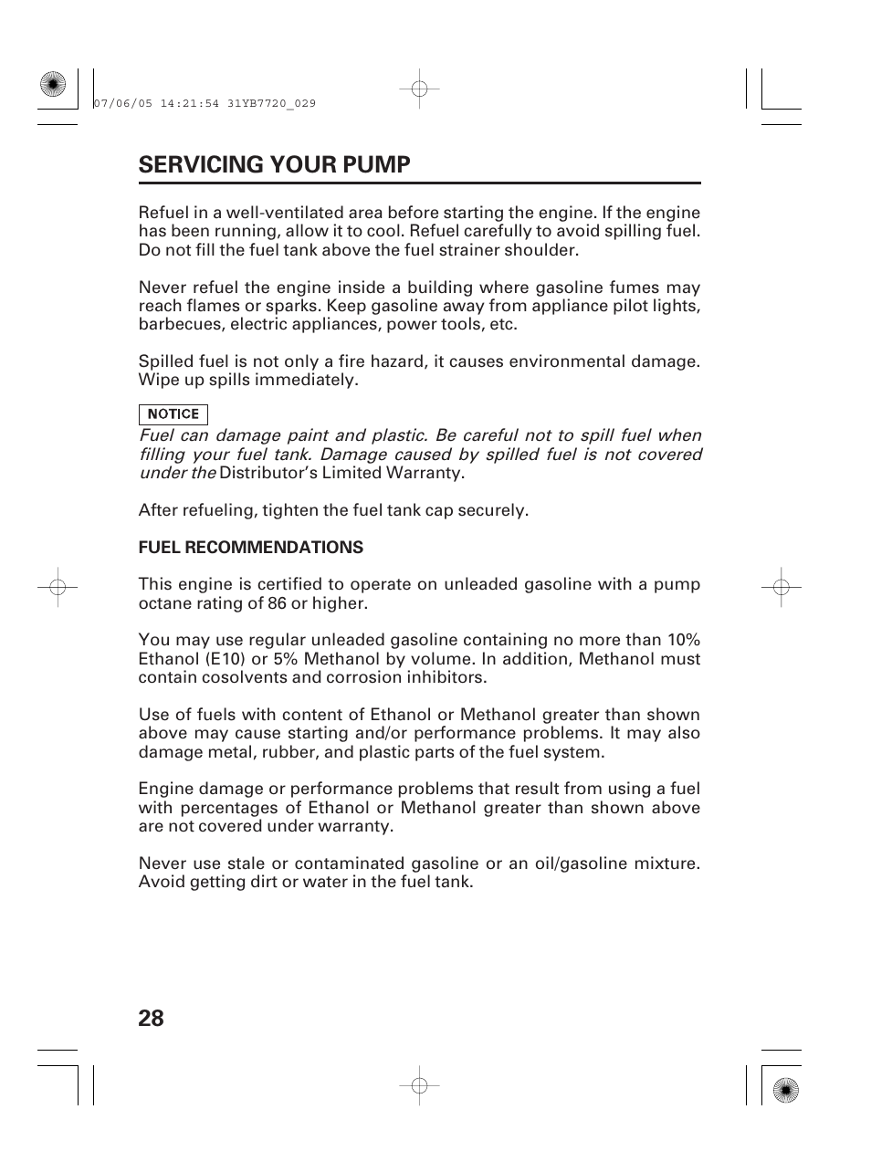 Fuel recommendations, 28 servicing your pump | HONDA WH15X User Manual | Page 30 / 64