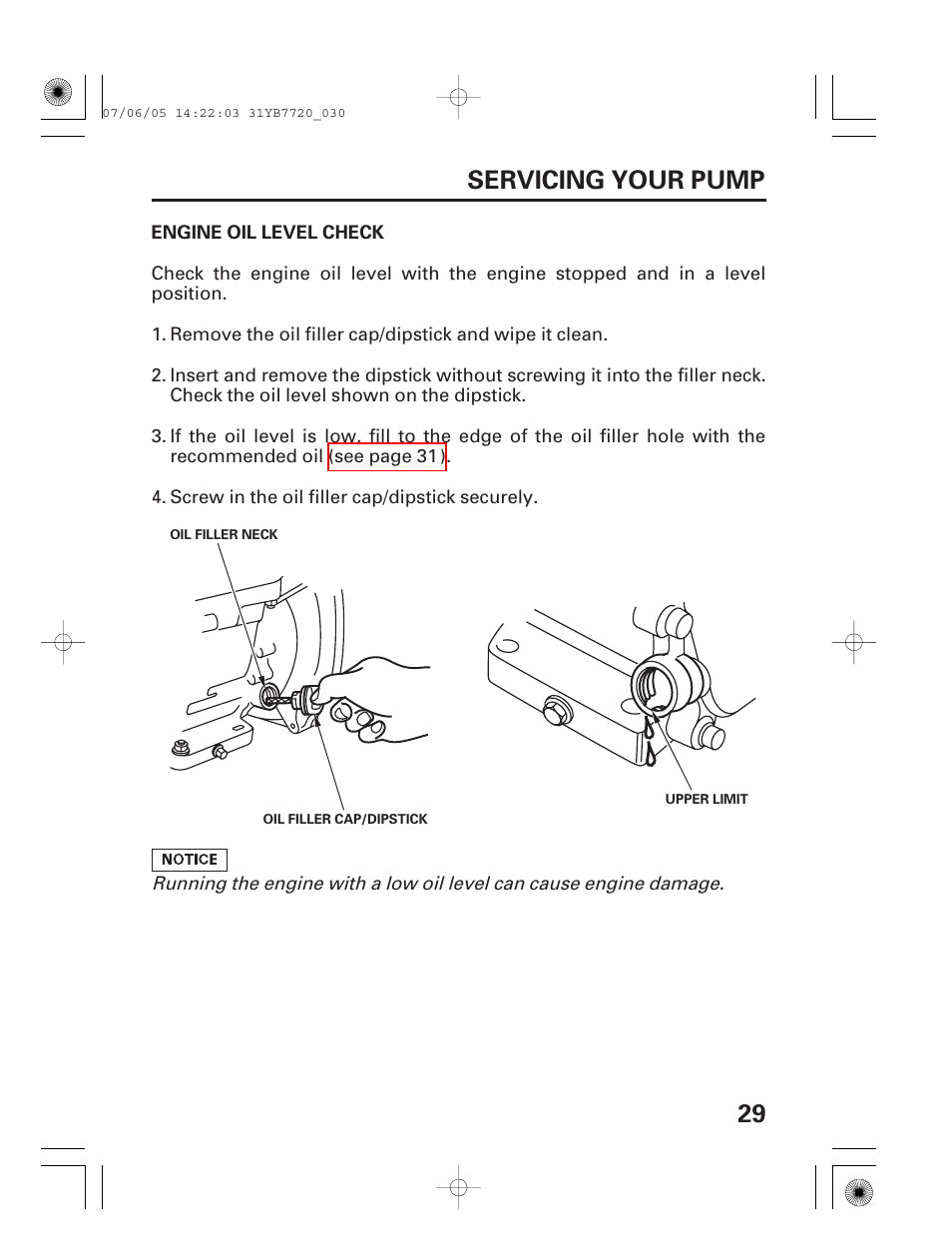 Engine oil level check, 29 servicing your pump | HONDA WH15X User Manual | Page 31 / 64
