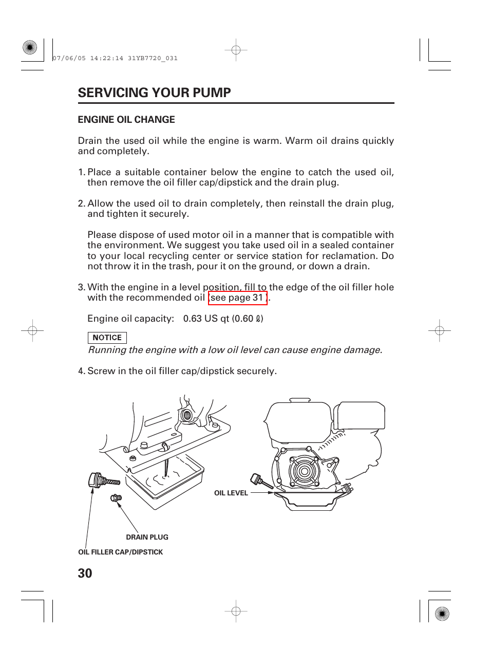 Engine oil change, 30 servicing your pump | HONDA WH15X User Manual | Page 32 / 64