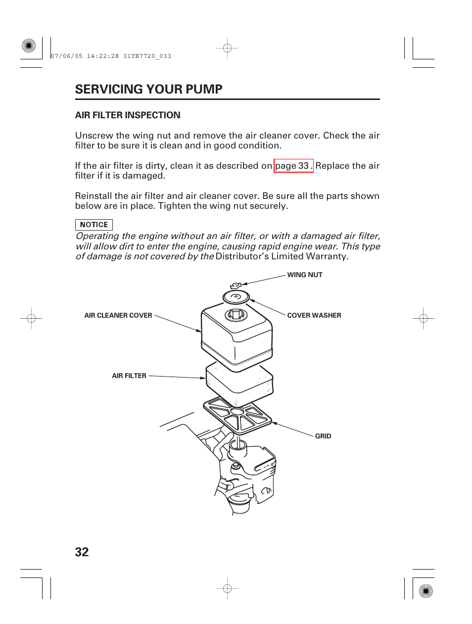 Air filter inspection, 32 servicing your pump | HONDA WH15X User Manual | Page 34 / 64