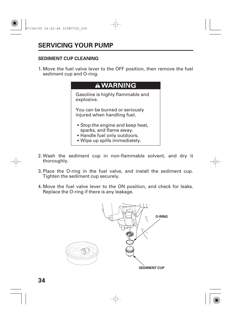 Sediment cup cleaning, 34 servicing your pump | HONDA WH15X User Manual | Page 36 / 64