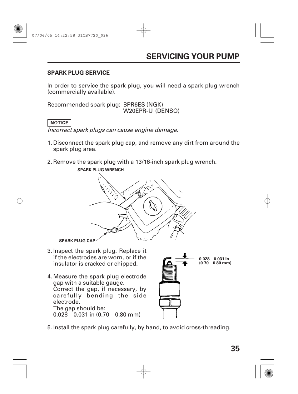 Spark plug service, 35 servicing your pump | HONDA WH15X User Manual | Page 37 / 64
