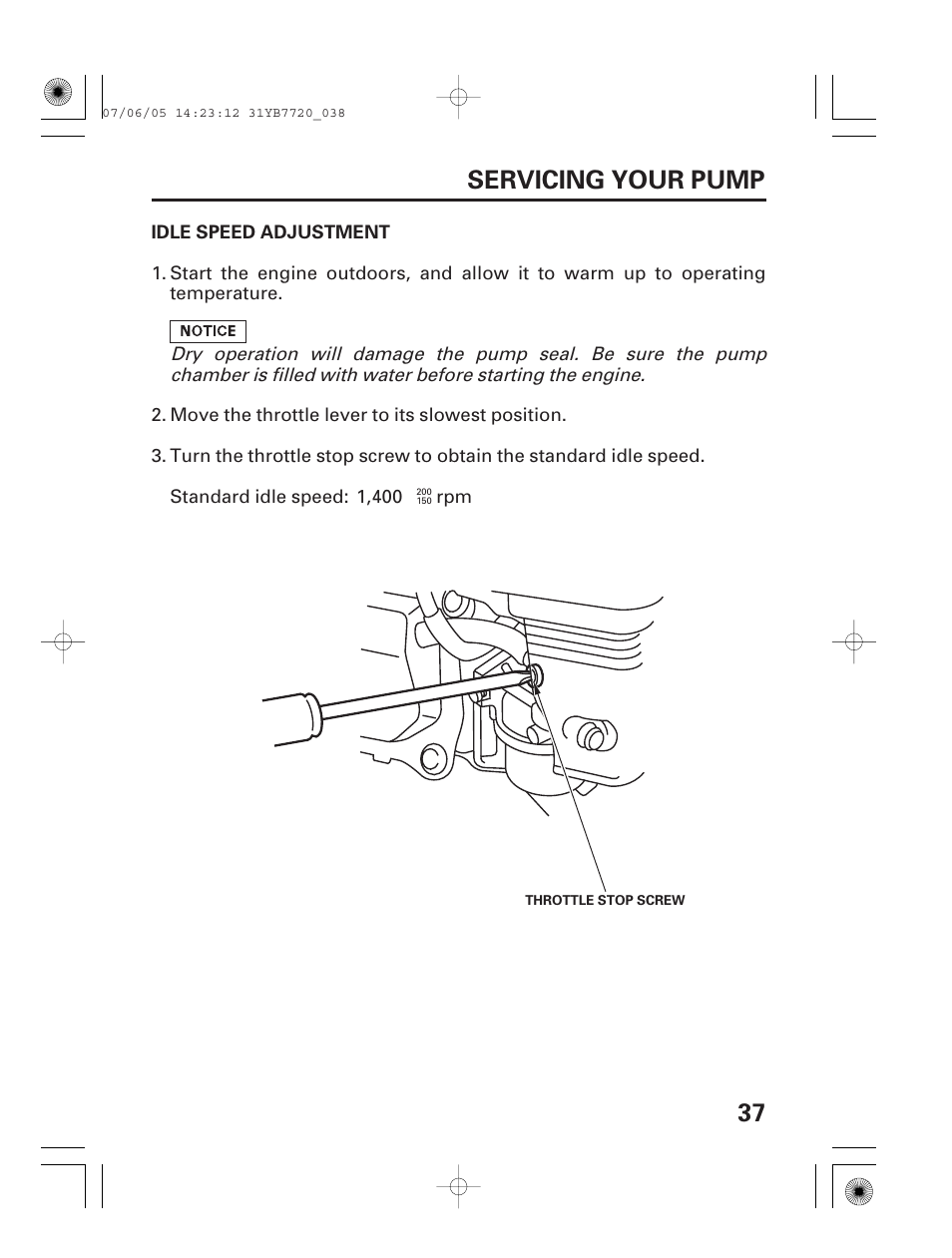 Idle speed adjustment, 37 servicing your pump | HONDA WH15X User Manual | Page 39 / 64