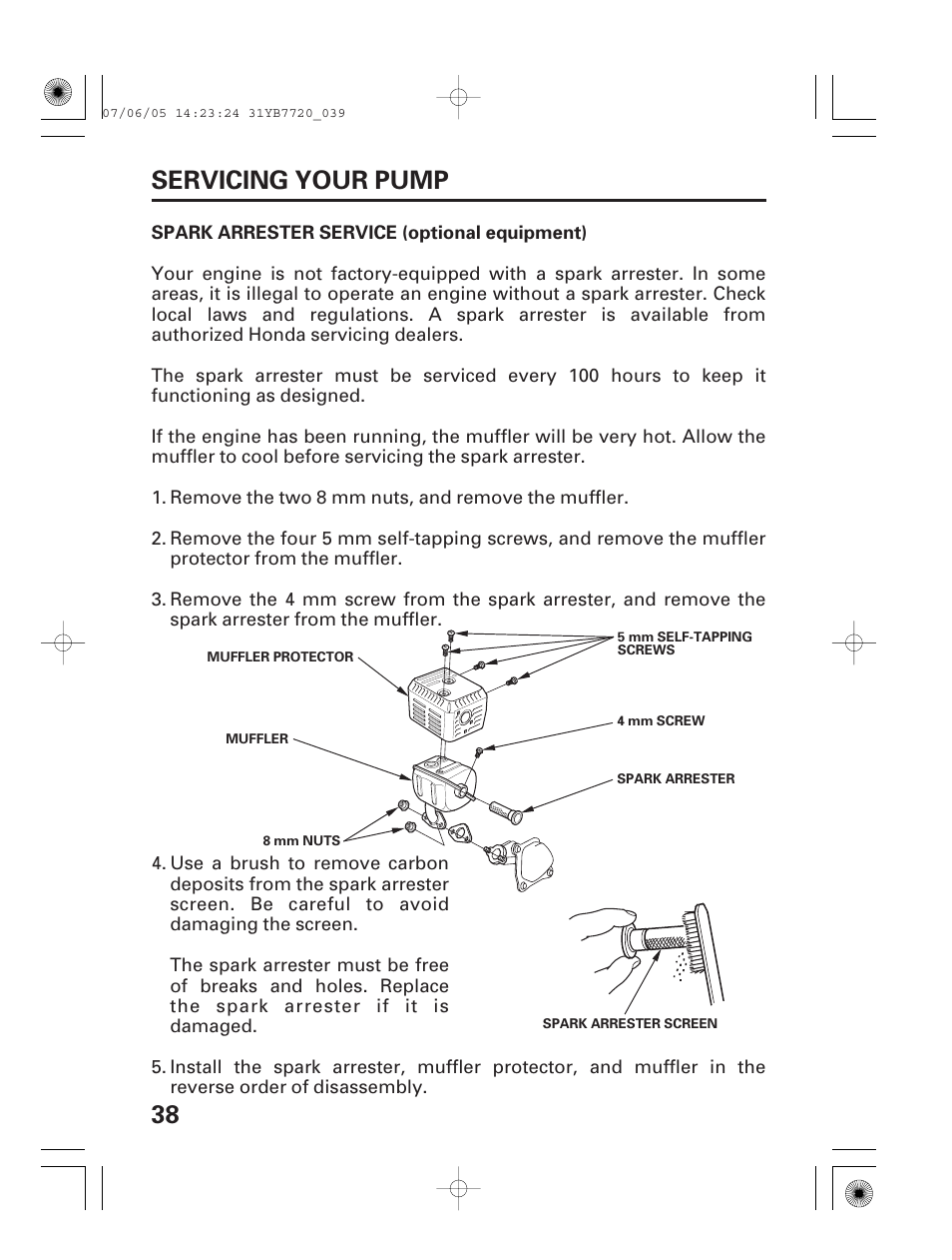 Spark arrester service, 38 servicing your pump | HONDA WH15X User Manual | Page 40 / 64