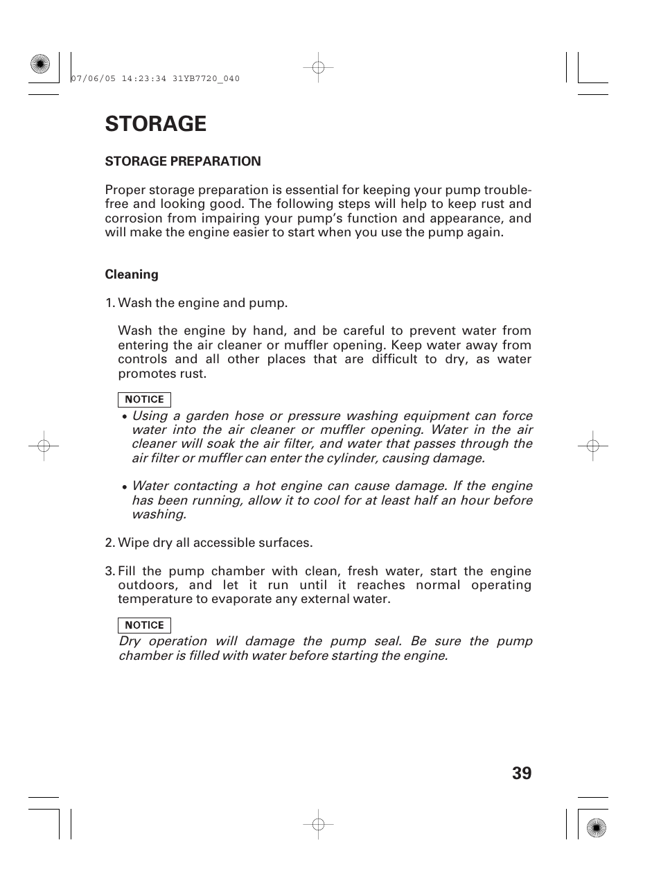 Storage, Storage preparation | HONDA WH15X User Manual | Page 41 / 64