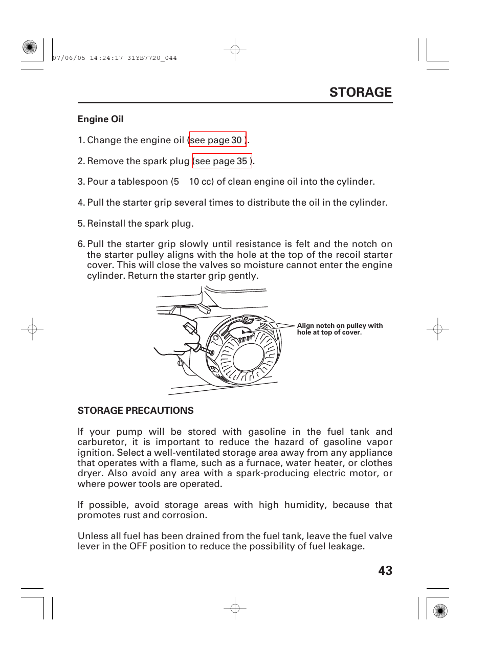 Storage precautions, 43 storage | HONDA WH15X User Manual | Page 45 / 64